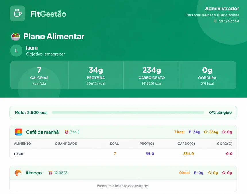 Plano alimentar profissional gerado pelo FitGestão