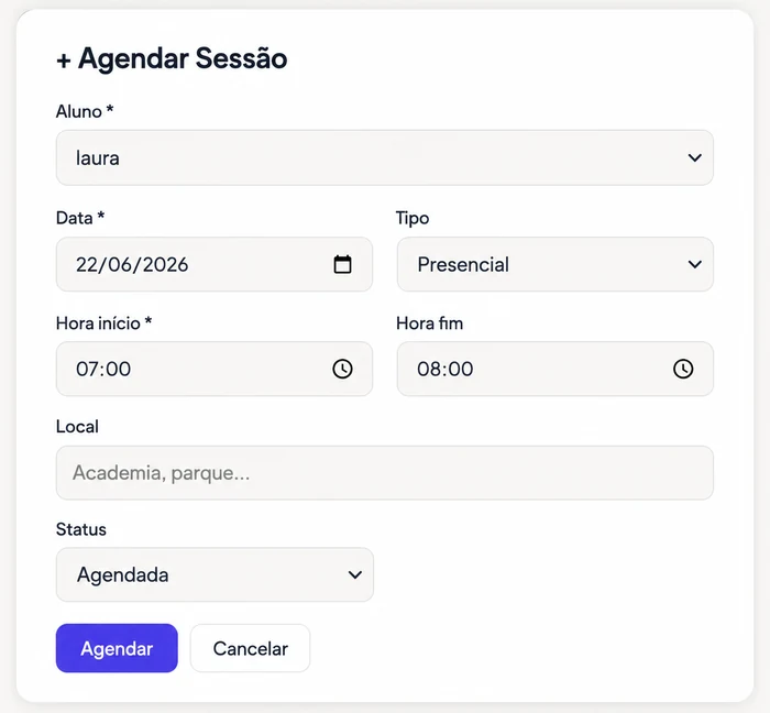 Formulário de agendamento de sessão no FitGestão