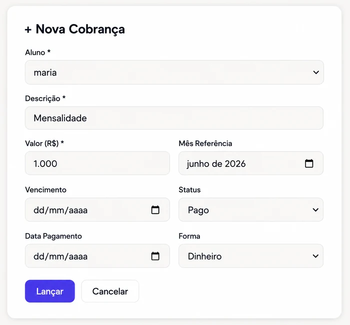 Formulário de nova cobrança no FitGestão